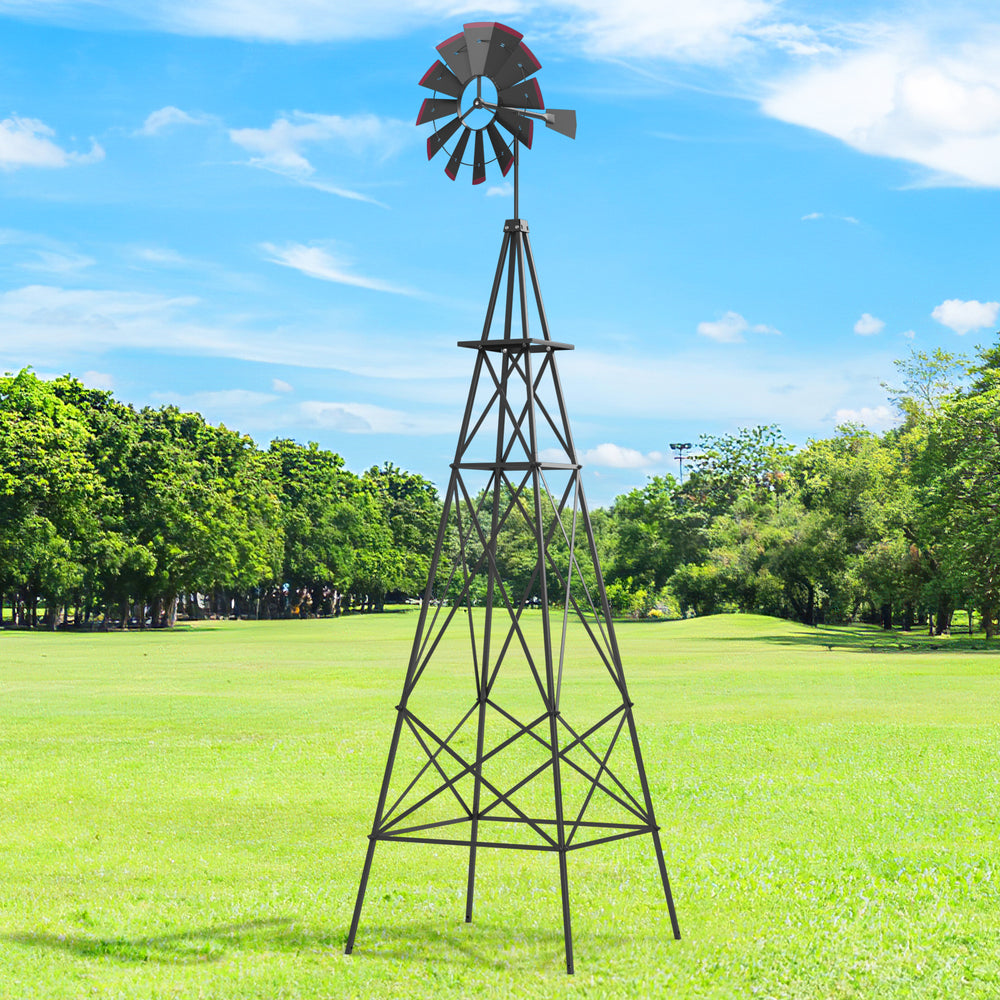 8-foot gray metal ornamental windmill with weathervane, designed for outdoor stability and decoration in gardens or.