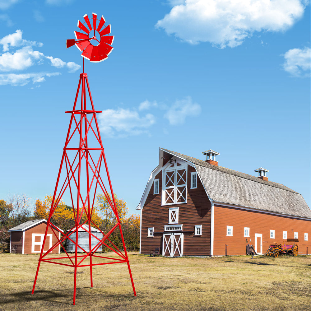 8 Feet Windmill Metal Ornamental Wind Wheel Weather Resistant-Red - Gallery View 1 of 10