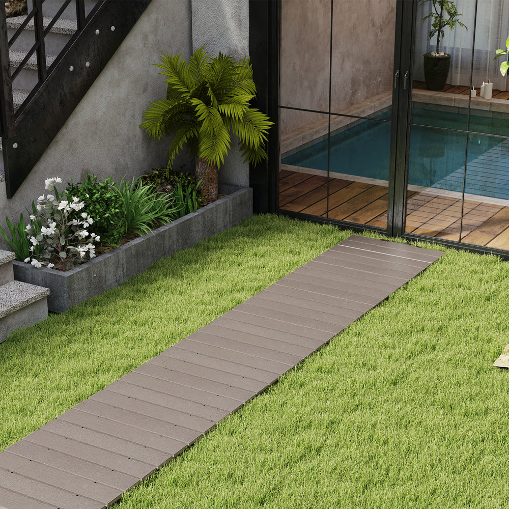 Outdoor 8 ft garden pathway with simulated wood-grain, weatherproof HDPE, and non-slip surface for backyard use.