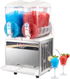 Commercial slushie machine with 30L capacity, dual tanks for flavors, LED lights, and easy dispensing for events.