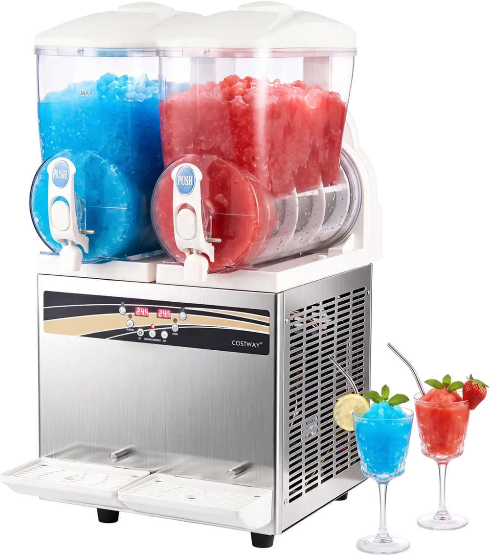 Commercial slushie machine with 30L capacity, dual tanks for flavors, LED lights, and easy dispensing for events.