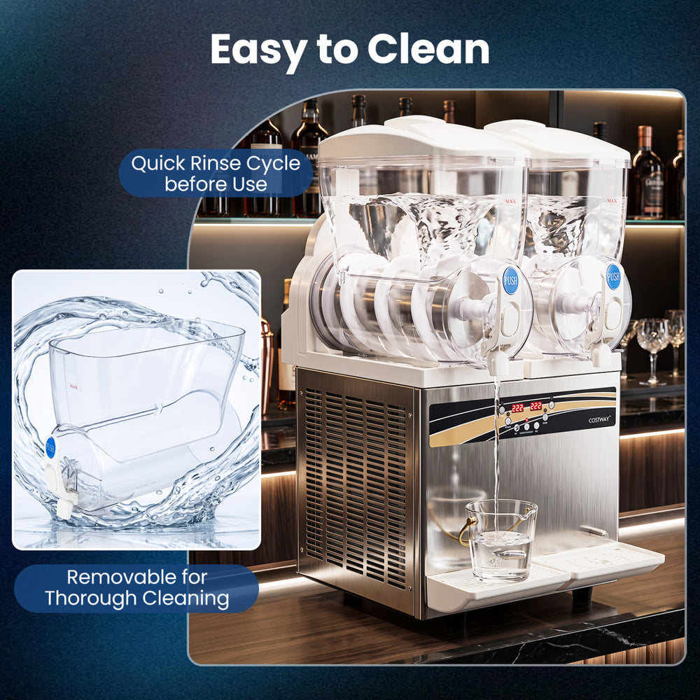 Commercial slushie machine with 30L capacity, featuring removable tanks for easy cleaning and quick rinse cycle.