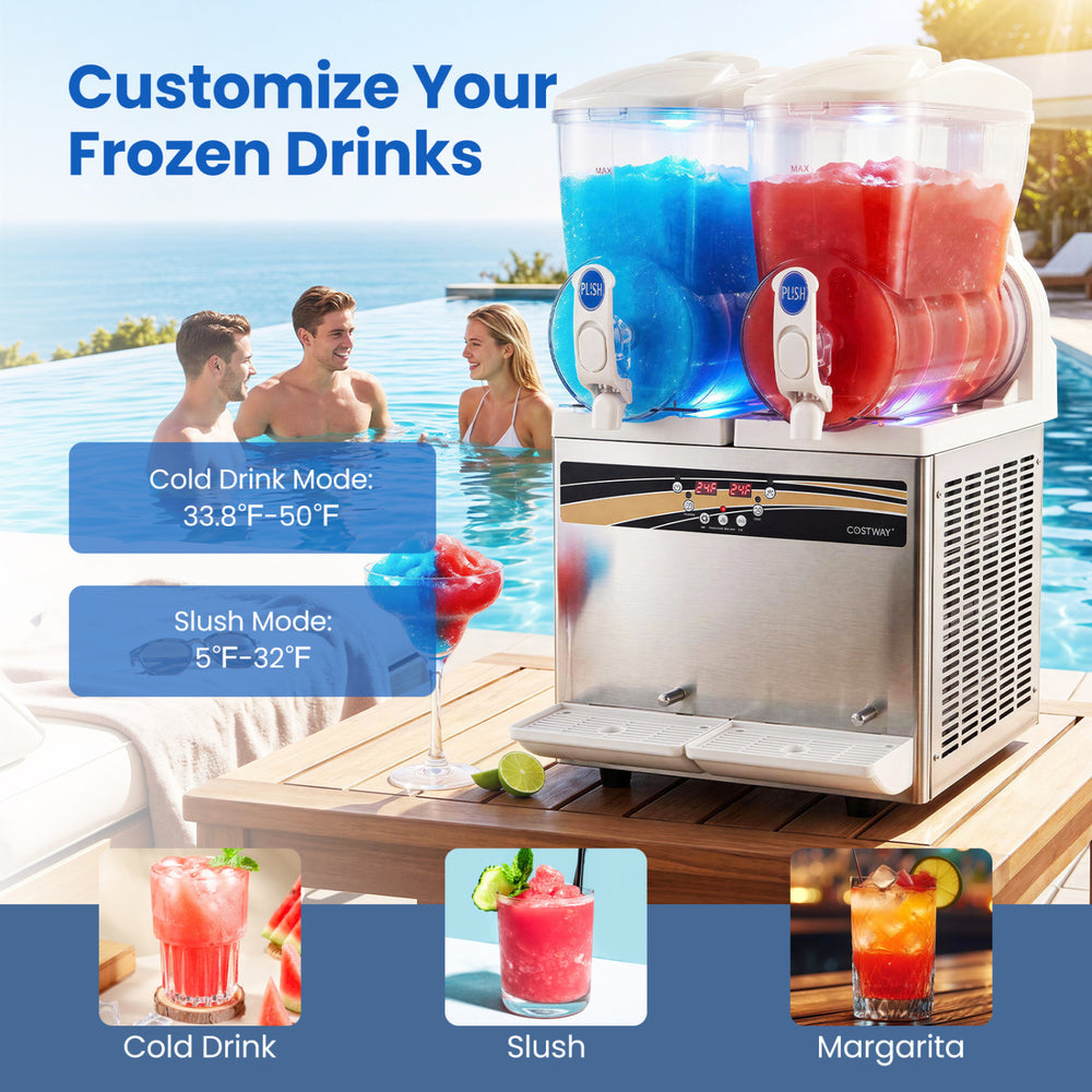 Commercial slushie machine with two tanks, 30L capacity, customizable modes, and LED lights for vibrant drinks.
