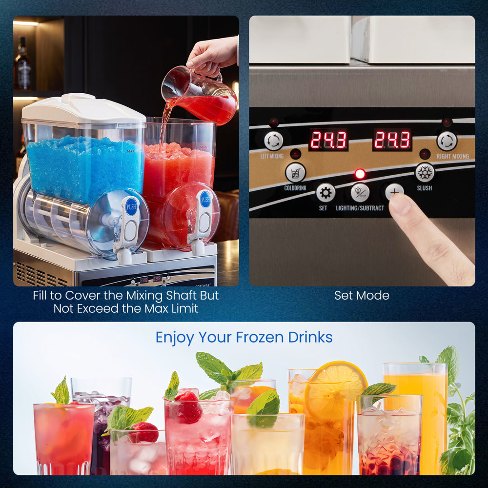 Commercial slushie machine with 30L capacity, featuring dual tanks, LED lights, and an intuitive control panel for easy use.