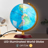 8-inch illuminated world globe night light with wooden stand, featuring clear HD map and time-zone dial for learning.