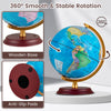 8-inch illuminated world globe with wooden stand, featuring a clear HD map and smooth 360° rotation for educational use.