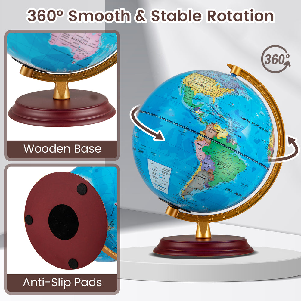 8-inch illuminated world globe with wooden stand, featuring a clear HD map and smooth 360° rotation for educational use.