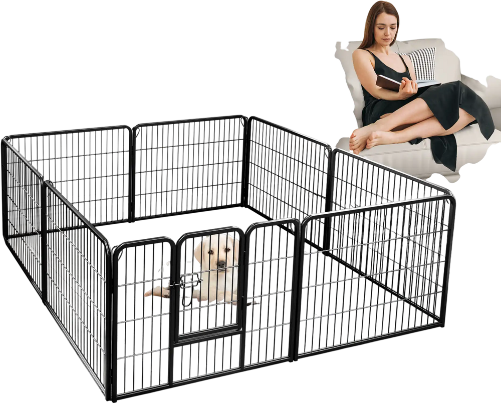 8-panel 24-inch height pet fence in black, featuring a door and locking latch, ideal for indoor and outdoor use.