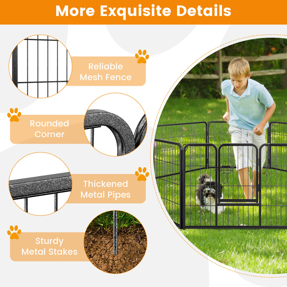 24-inch height pet fence with rounded corners, thickened metal pipes, and sturdy stakes for indoor and outdoor use.