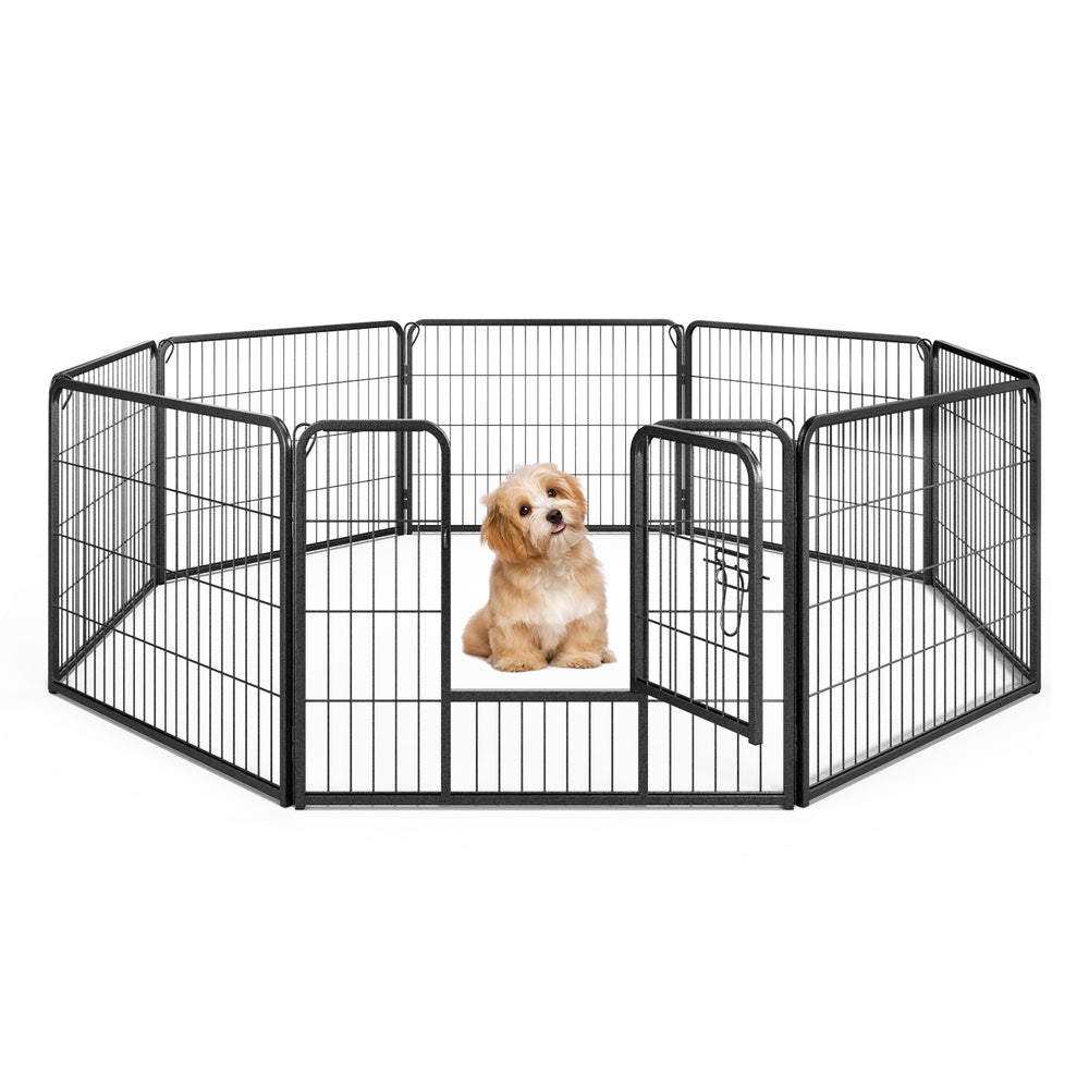 Pet fence with 8 panels, 24-inch height, sturdy metal frame, ideal for indoor and outdoor use, featuring a door and.