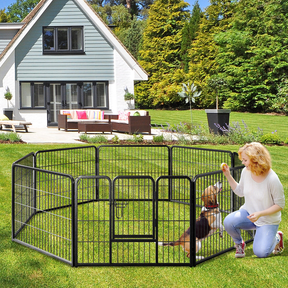 24-inch height pet fence with 8 panels, sturdy metal frame, ideal for indoor and outdoor use in gardens or yards.