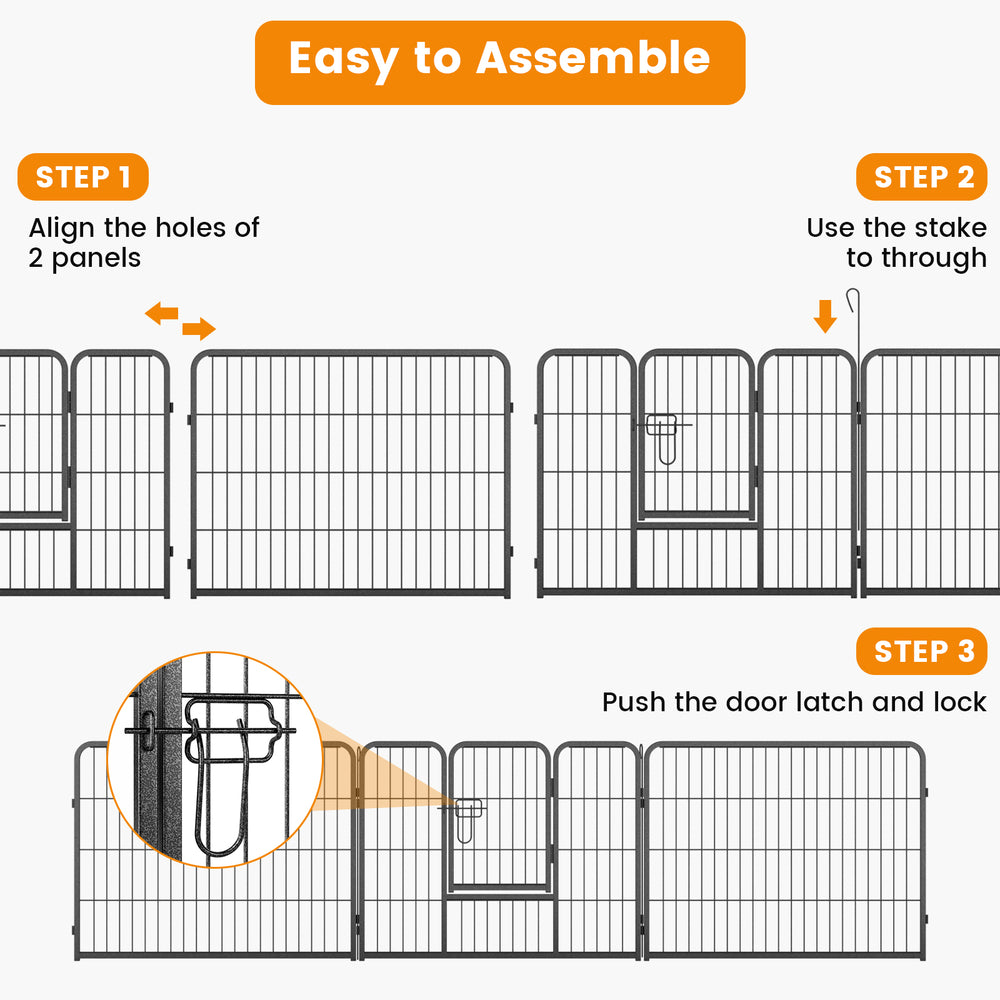8-panel 24-inch height pet fence showing assembly steps, featuring a sturdy metal frame and easy installation without.