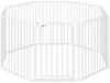 8-panel white baby gate with auto-close door, adjustable from 34.5-154", ideal for child safety and pet containment.
