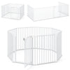 8-panel adjustable baby gate in white, featuring an auto-close door and customizable layout for safety in various.