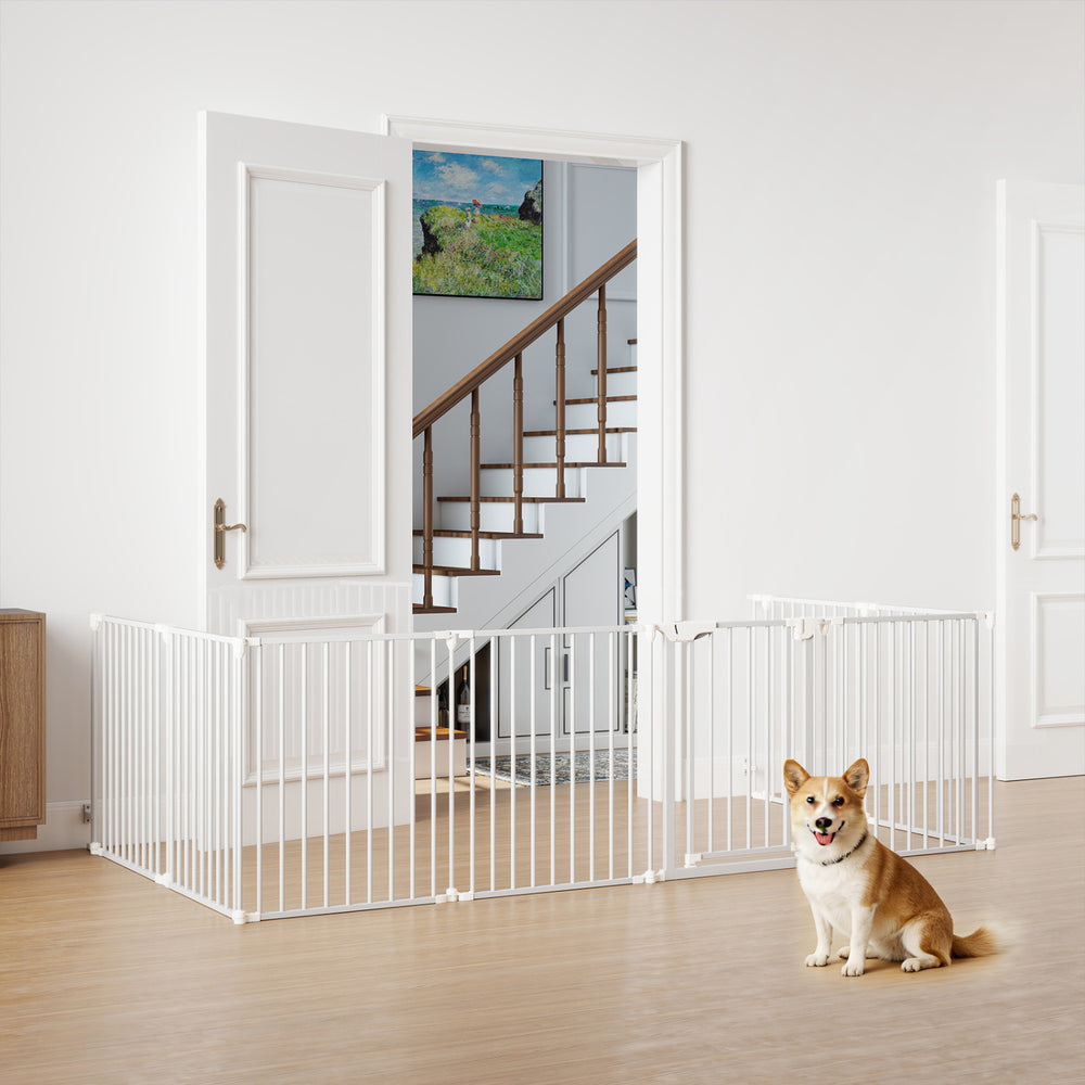 8-Panel Extra Wide Baby Gate Adjustable Pet Safety Fence with Auto-close Door-White - Gallery View 1 of 10
