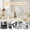 8-panel adjustable baby gate in white, designed for safety around fireplaces, stairs, and windows, with an auto-close.