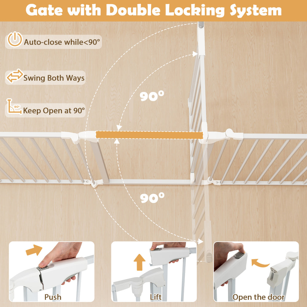 8-panel adjustable baby gate in white with auto-close door and double locking system for safety around kids and pets.