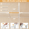 8-panel adjustable baby gate in white with auto-close door and double locking system for safety around kids and pets.