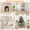 8-panel adjustable baby gate in white, used as a pet safety fence and fireplace barrier in various home settings.