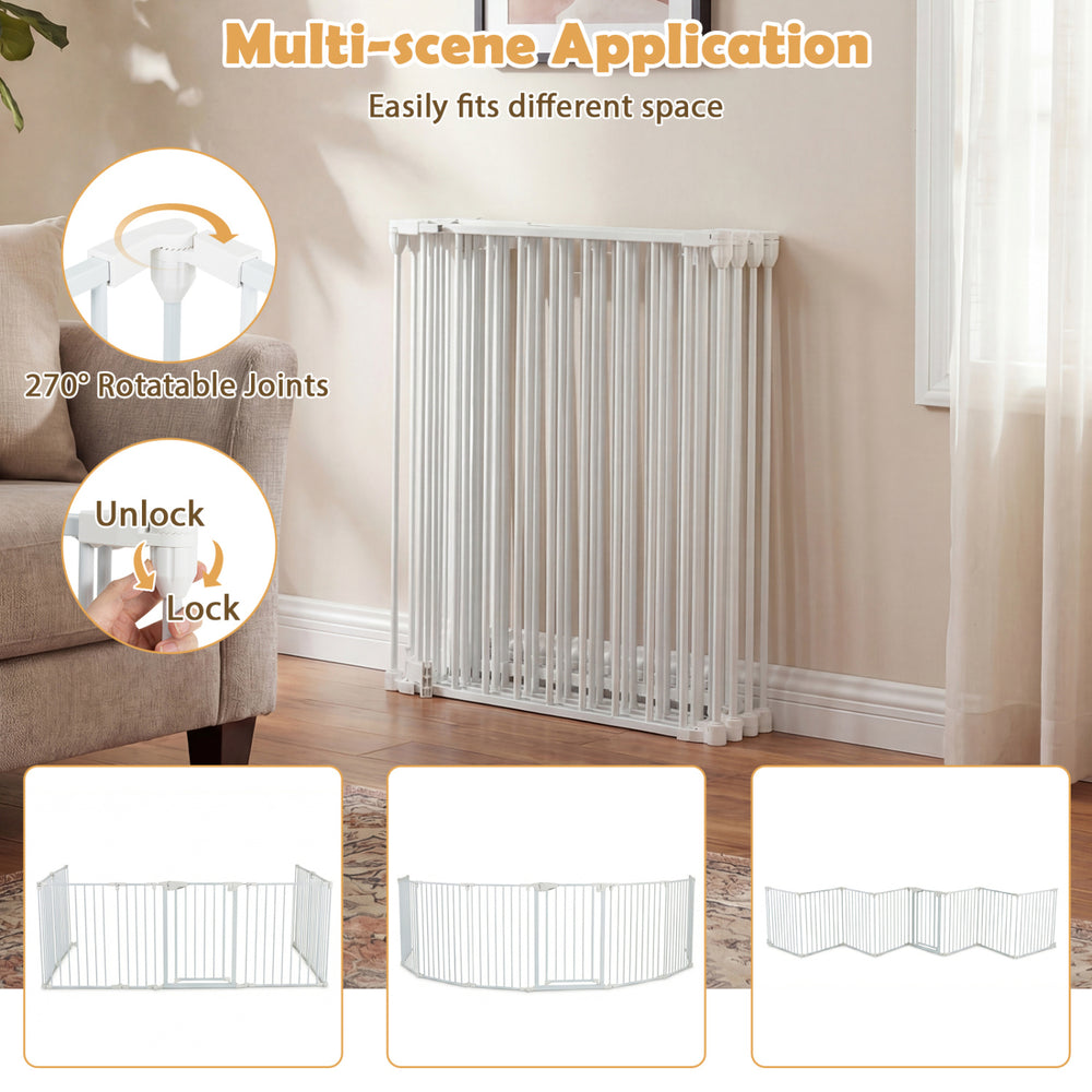 8-panel adjustable baby gate in white, featuring 270° rotatable joints for versatile layouts and auto-close door for.