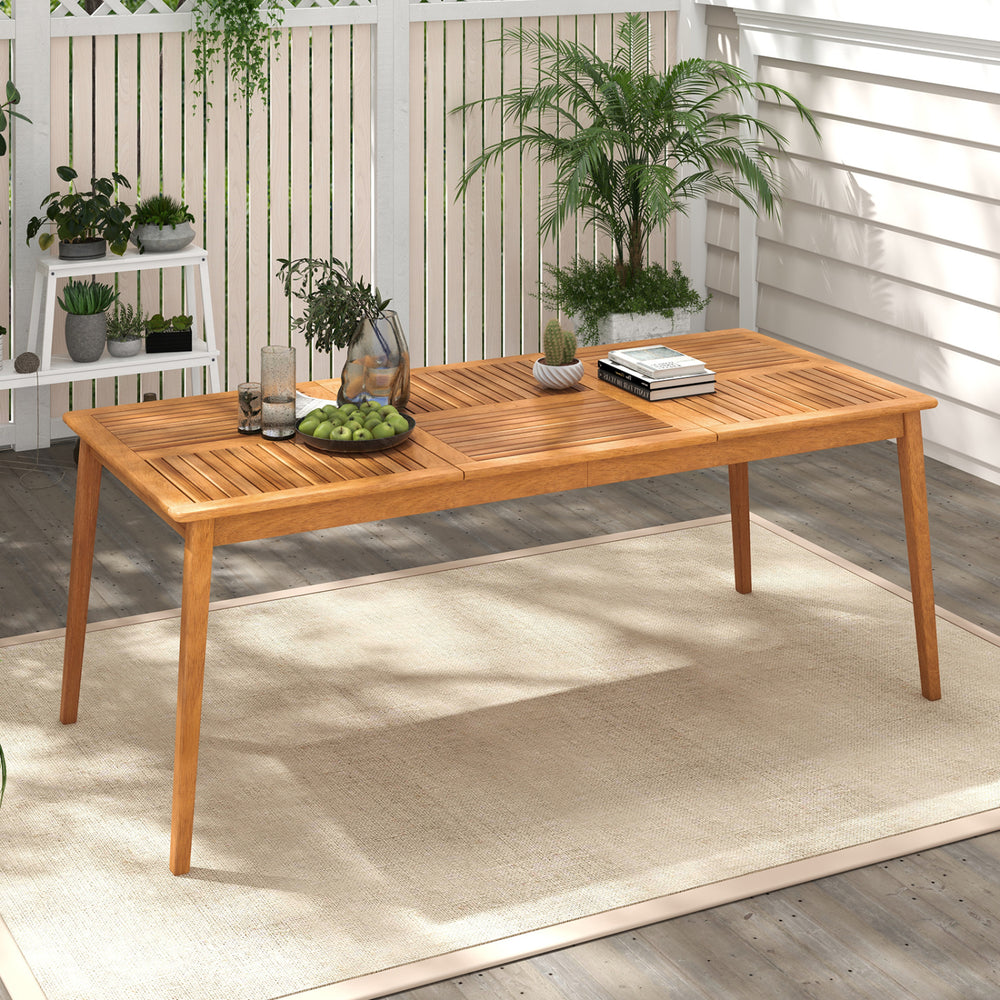 Acacia wood outdoor dining table for 8 with umbrella hole, featuring a natural finish and sturdy triangular structure.