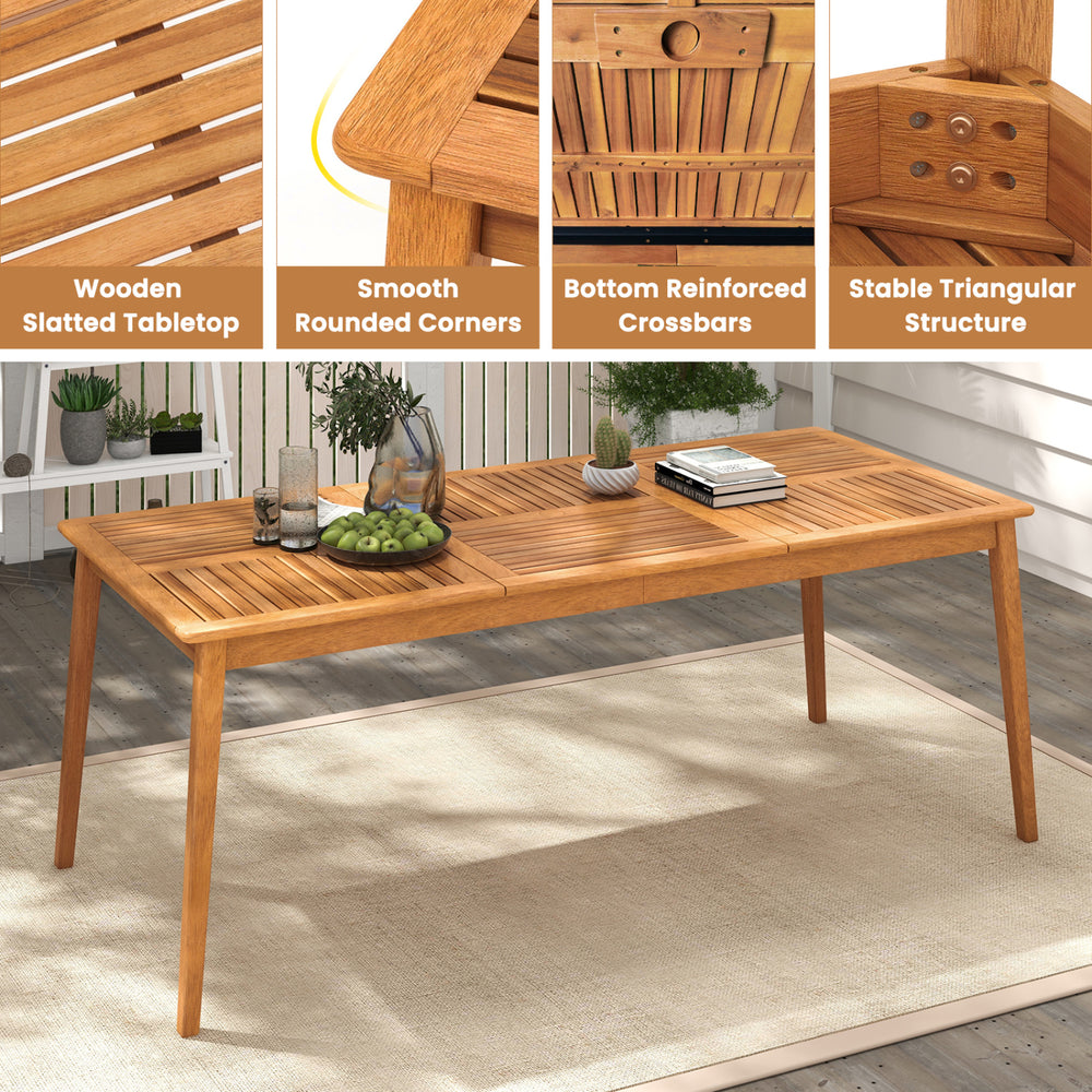 Acacia wood dining table with slatted top, designed for 8, featuring an umbrella hole for outdoor gatherings.