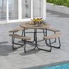 Round rustic brown outdoor picnic table and bench set for 8, featuring a sturdy metal frame and built-in umbrella hole.