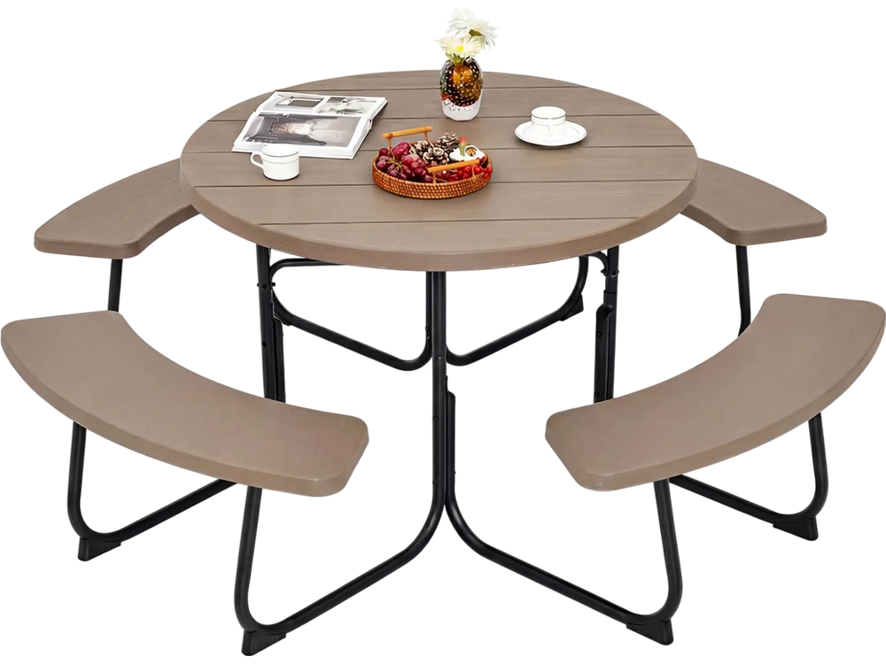 Round rustic brown picnic table with four benches, designed for 8 people, featuring an umbrella hole for outdoor.