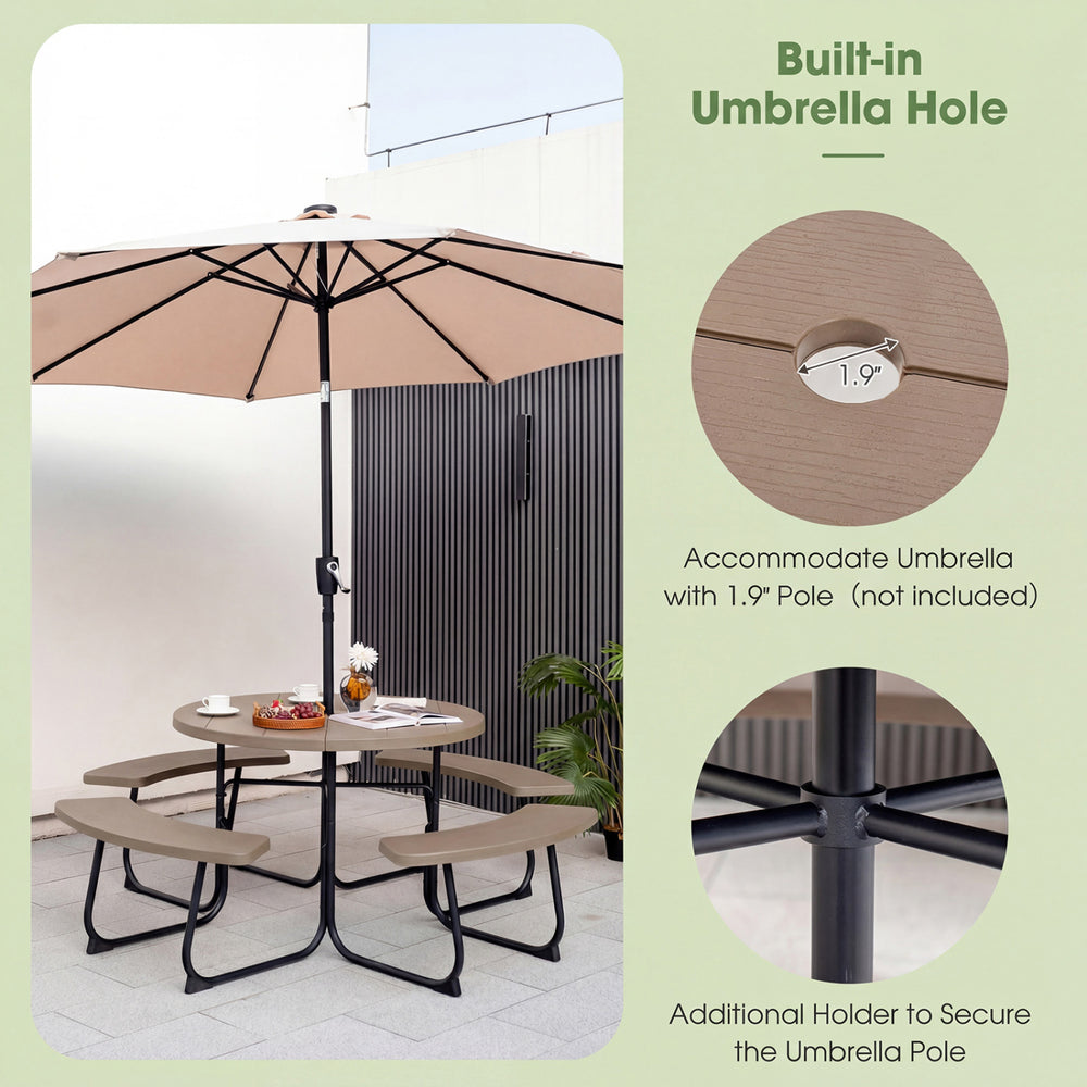 8-person outdoor picnic table set in rustic brown with built-in umbrella hole for gatherings and stability.