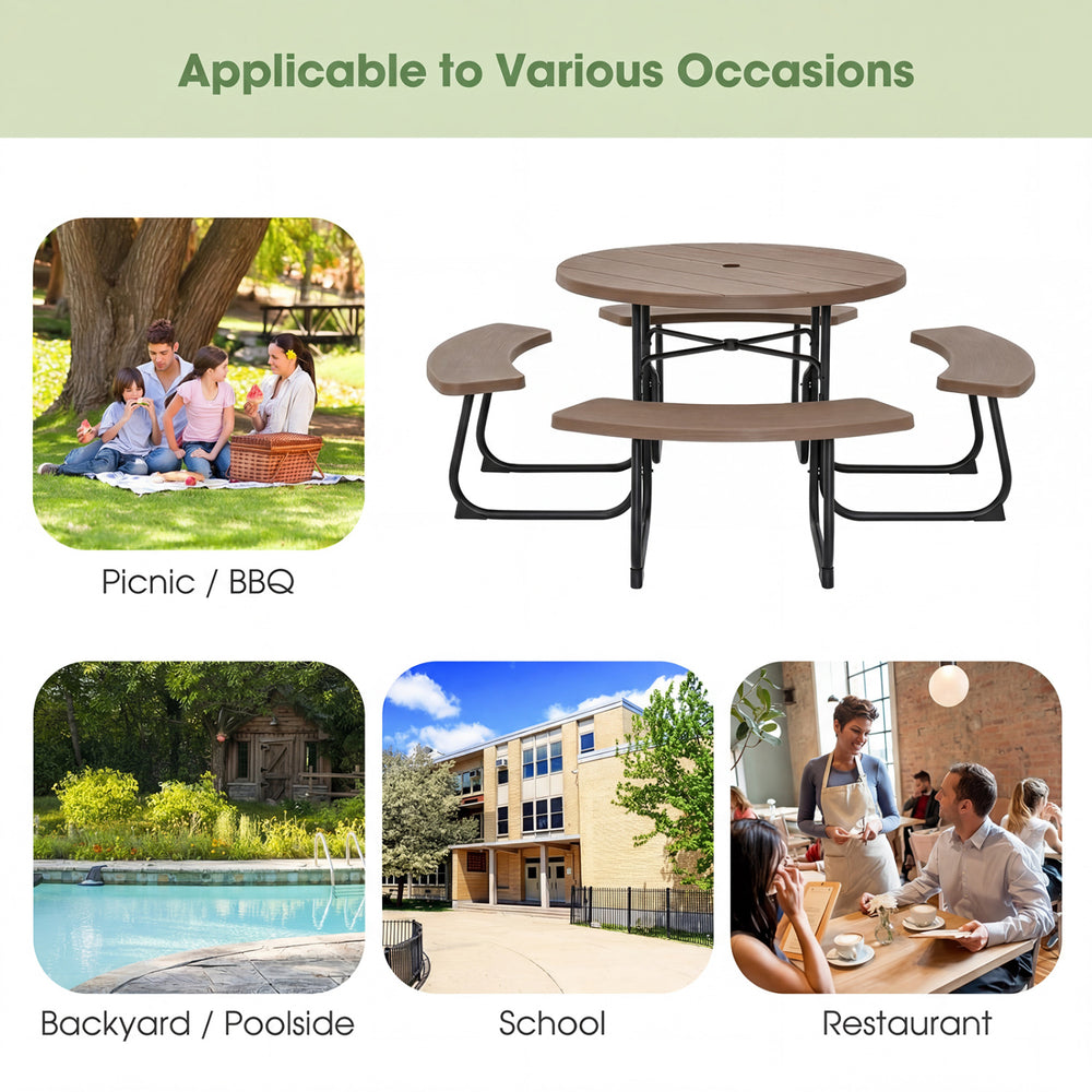 Rustic brown 8-person outdoor picnic table and bench set with umbrella hole, ideal for backyard gatherings and picnics.