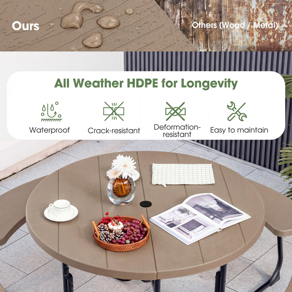 Round picnic table and bench set in rustic brown, crafted from all-weather HDPE, ideal for outdoor gatherings.