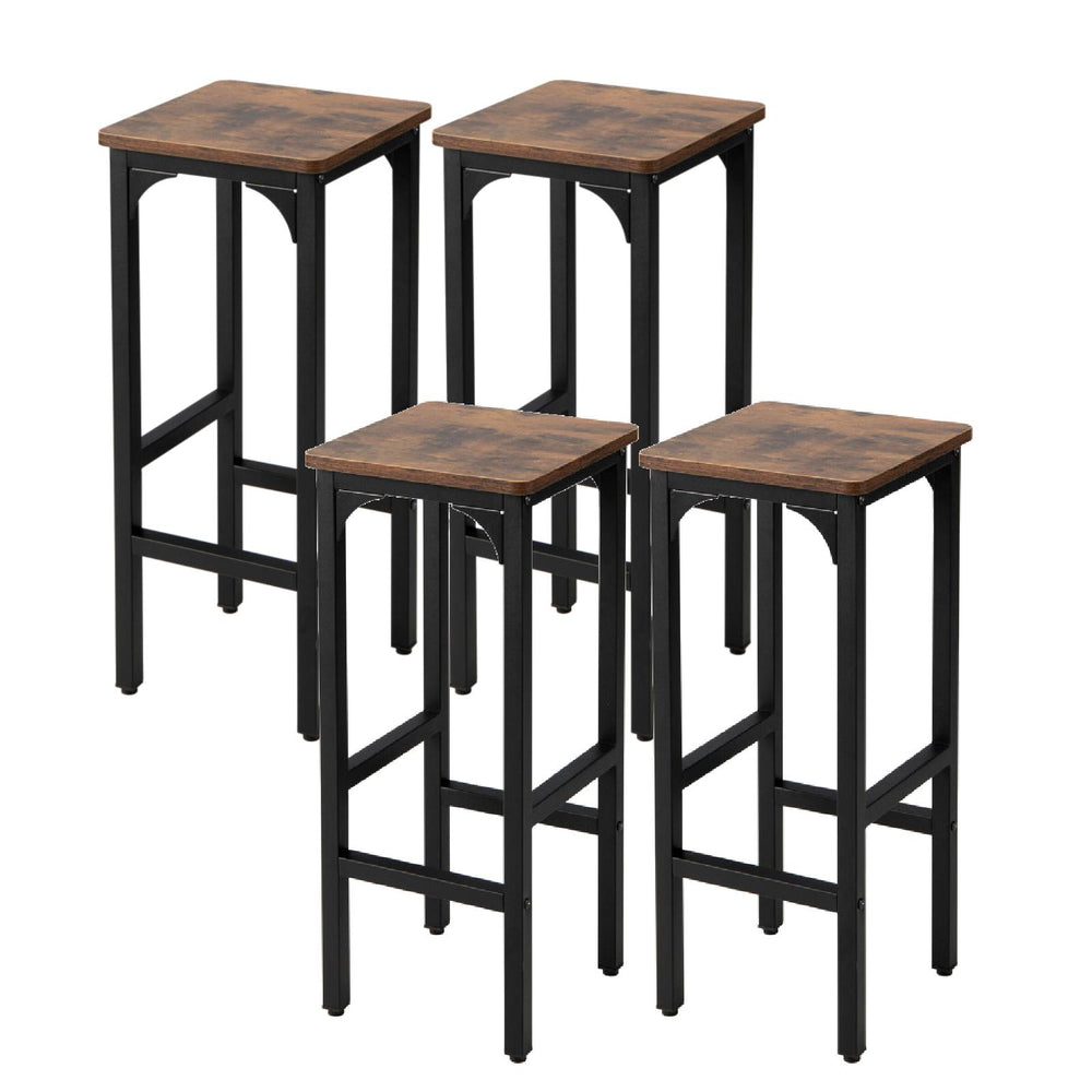 Four 28-inch bar stools with a strong metal structure and wood tops, ideal for dining and leisure spaces.
