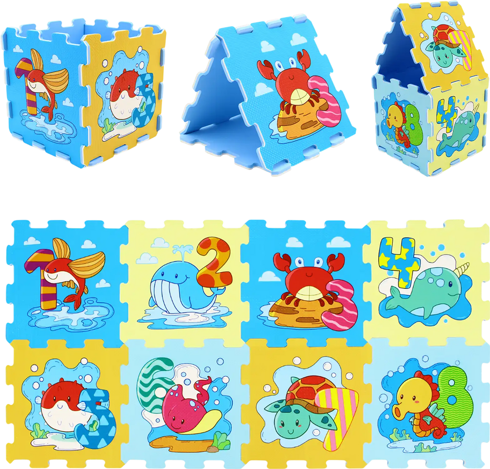 8-Piece Educational Interlocking Baby Play Mat with Animals and Numbers