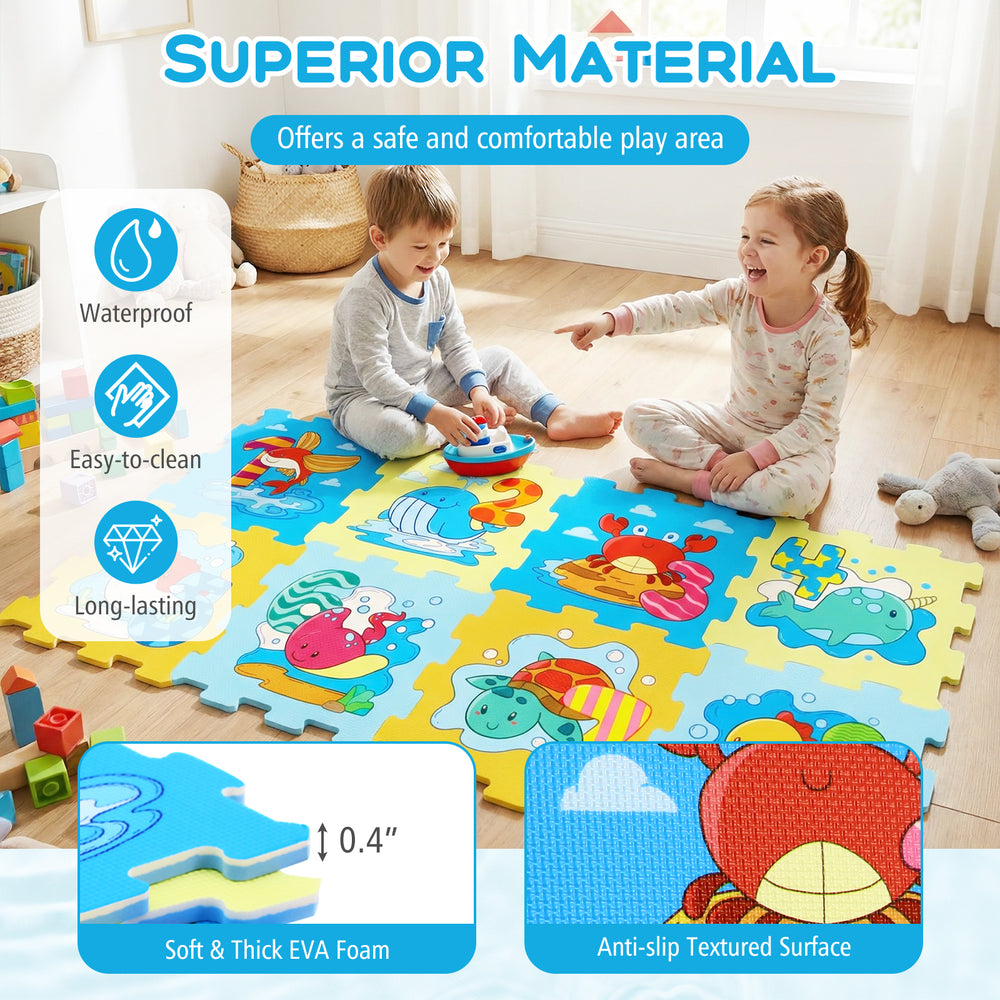 Colorful 8-piece interlocking baby play mat made of thick EVA foam, featuring animals and numbers for safe, interactive.