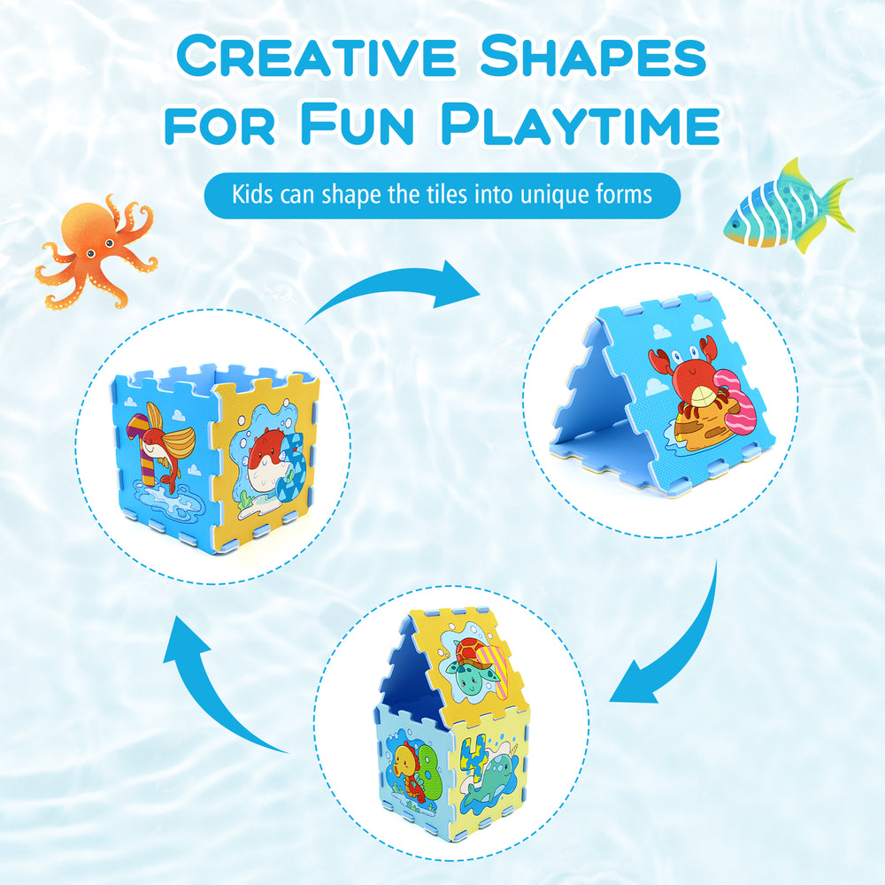 Colorful 8-piece educational interlocking baby play mat featuring animals and numbers, ideal for safe and imaginative.