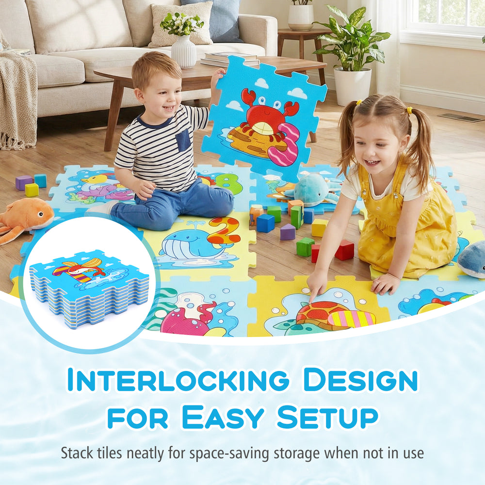 Colorful 8-piece educational interlocking baby play mat featuring animals and numbers, ideal for safe, interactive play.