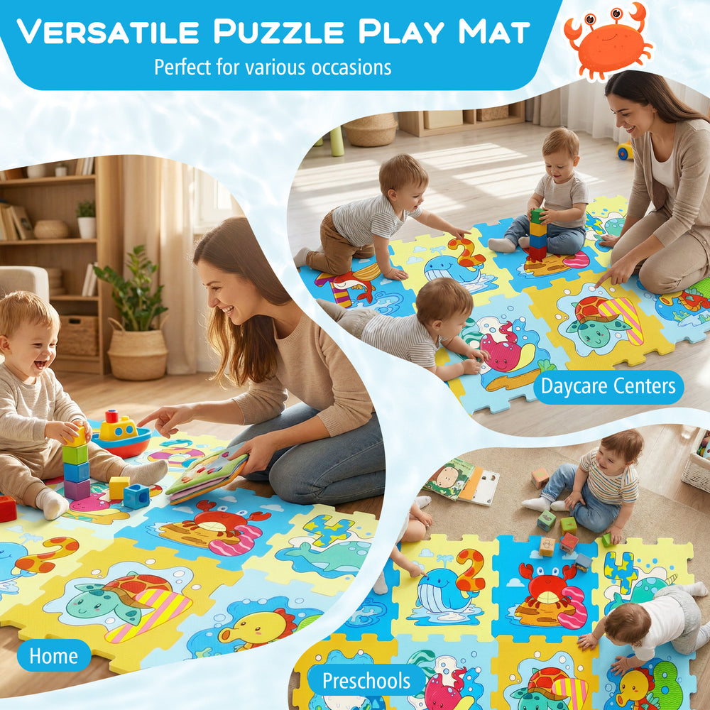 Colorful 8-piece educational interlocking baby play mat featuring animals and numbers, ideal for home, daycare, and.