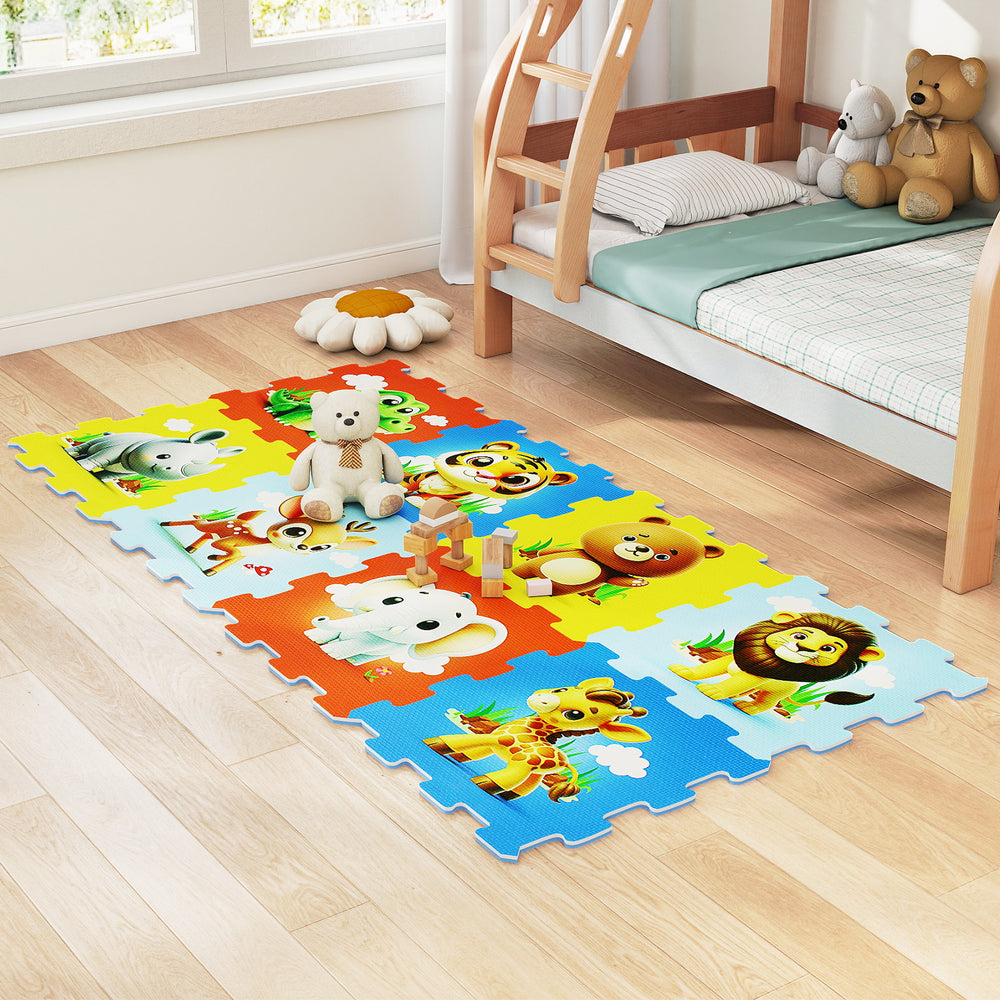 Colorful animal-themed interlocking baby play mat showcasing vibrant designs, ideal for safe play and cognitive growth.
