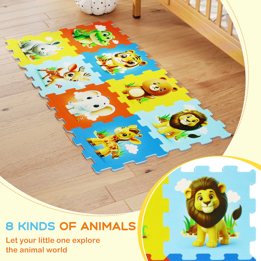 Colorful 8-piece interlocking baby play mat featuring animal shapes, promoting cognitive development and safe playtime.