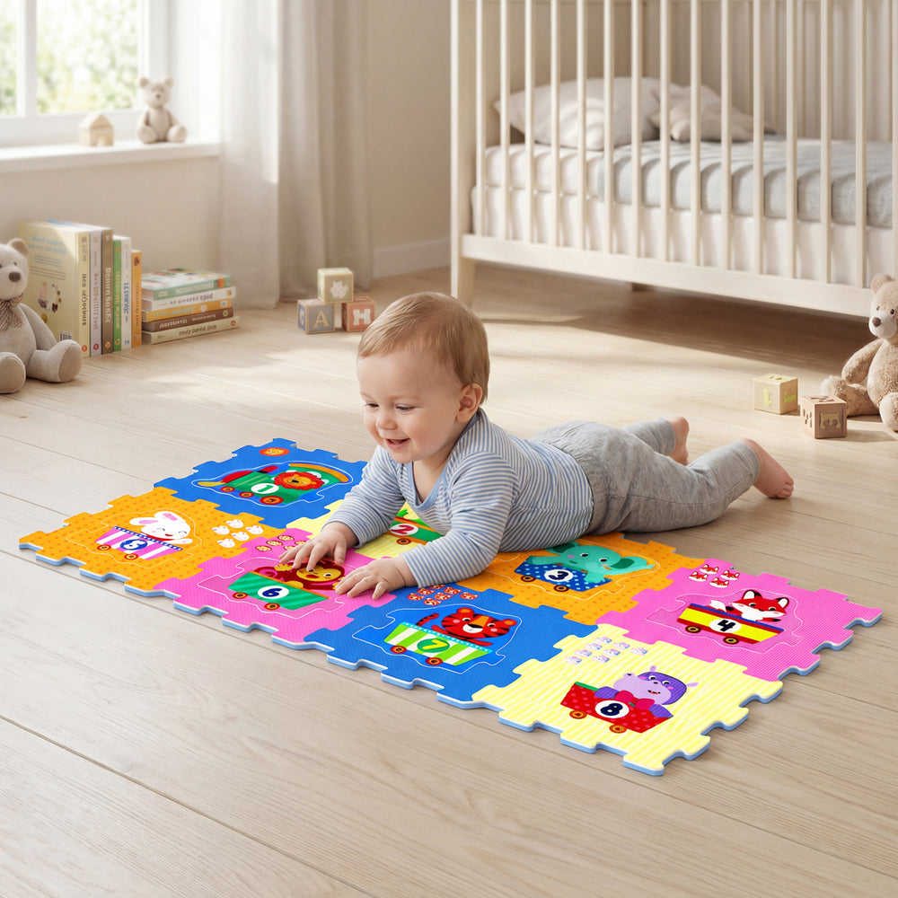 Colorful interlocking baby floor puzzle tiles with animal patterns and numbers, ideal for playtime in any room.