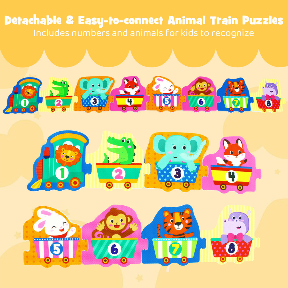 Colorful 8-piece interlocking baby floor puzzle featuring animal patterns and numbers, ideal for educational play.