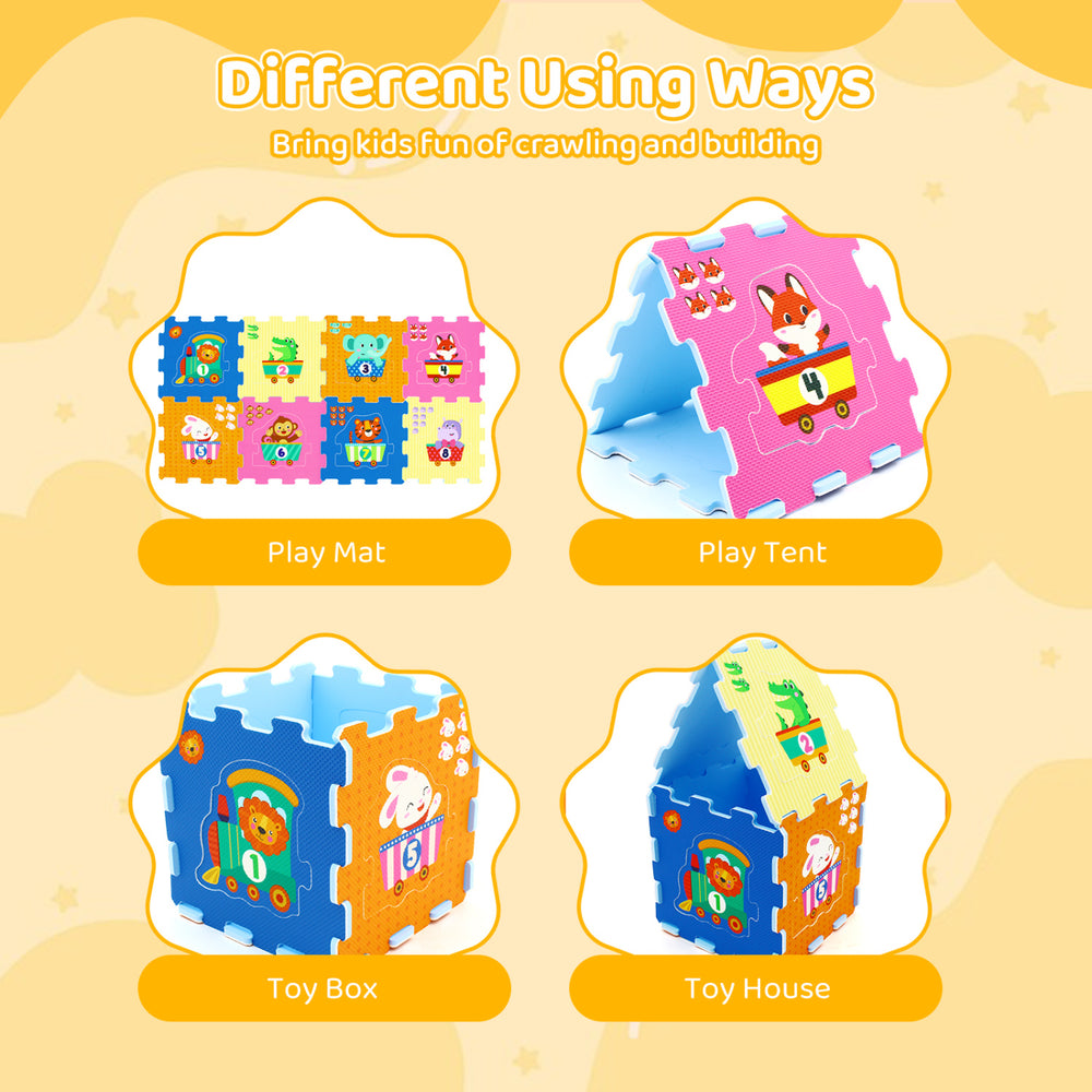 Colorful interlocking baby floor puzzle tiles featuring animal patterns and numbers, perfect for play mats and toy.