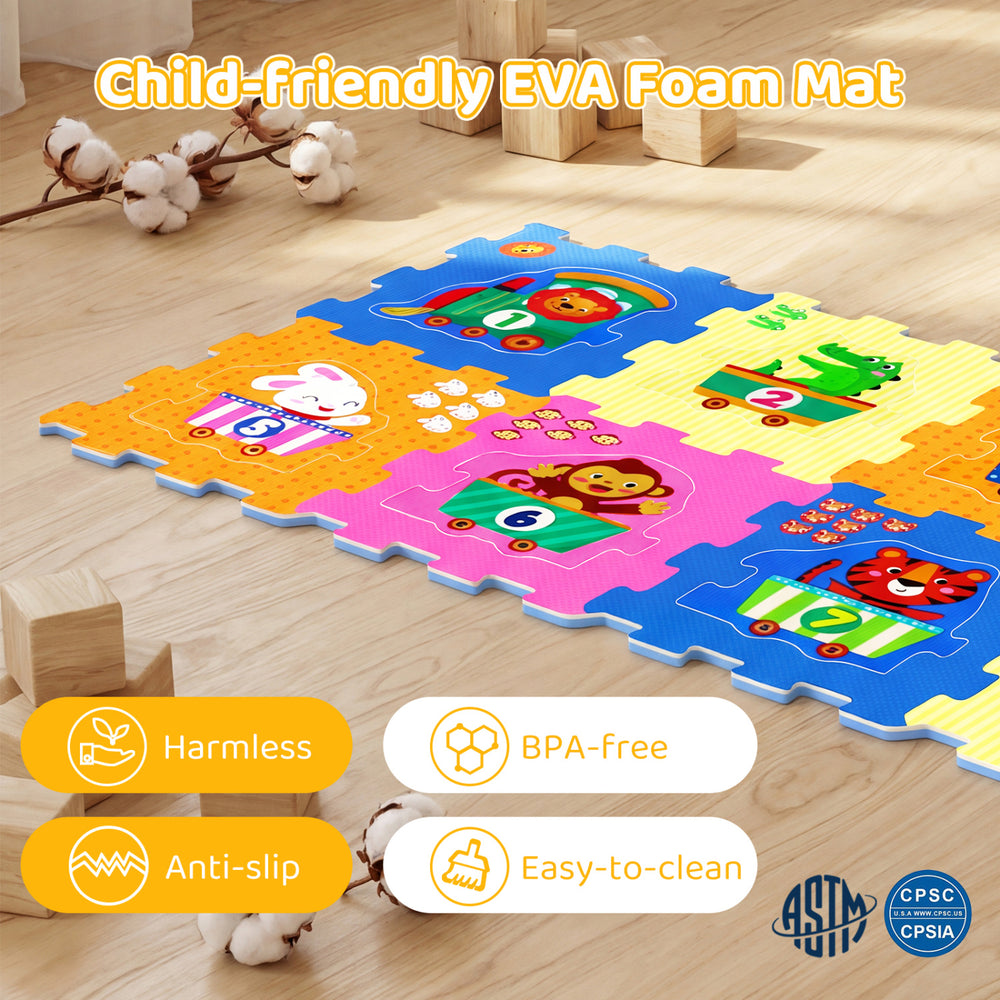 Colorful interlocking baby floor puzzle tiles featuring animals and numbers, made of soft, BPA-free EVA foam for safe.