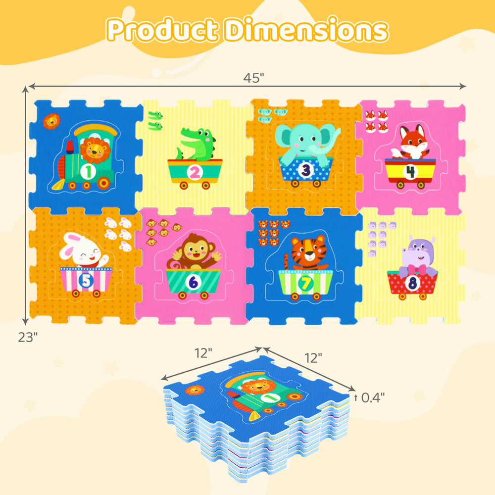 8-piece interlocking baby floor puzzle tiles featuring animal patterns and numbers, ideal for playtime and learning.