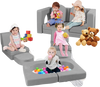 Modular kids play couch in gray suede fabric, featuring 8 pieces for flexible configurations and ultimate comfort.