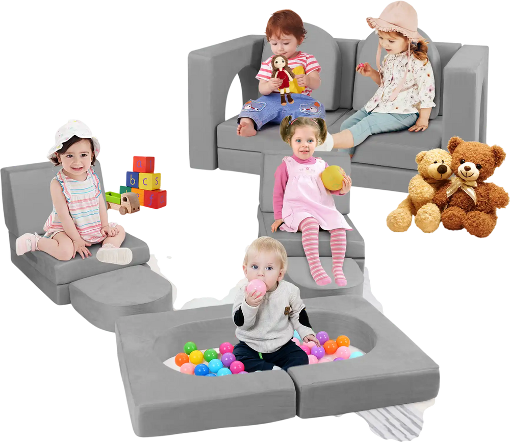Modular kids play couch in gray suede fabric, featuring 8 pieces for flexible configurations and ultimate comfort.