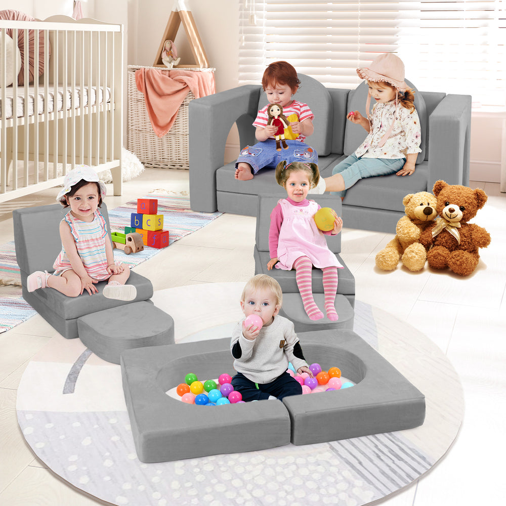 8-Piece Modular Kids Play Couch with Comfy Suede Fabric-Gray - Gallery View 1 of 9