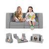 Modular kids play couch in gray suede with 8 pieces, featuring soft cushions for flexible configurations and easy.