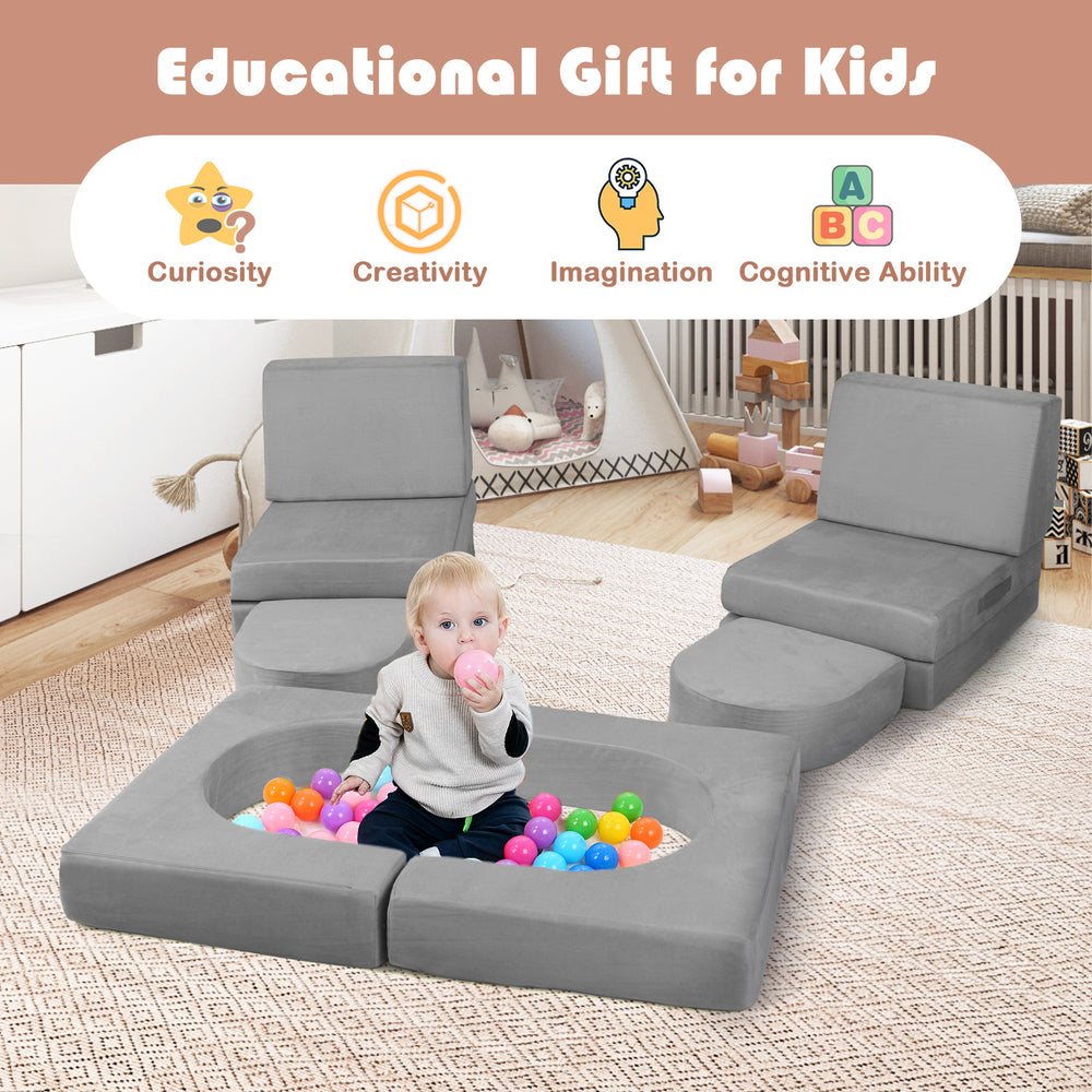 Modular kids play couch in gray suede, featuring 8 flexible pieces for creative configurations and ultimate comfort.