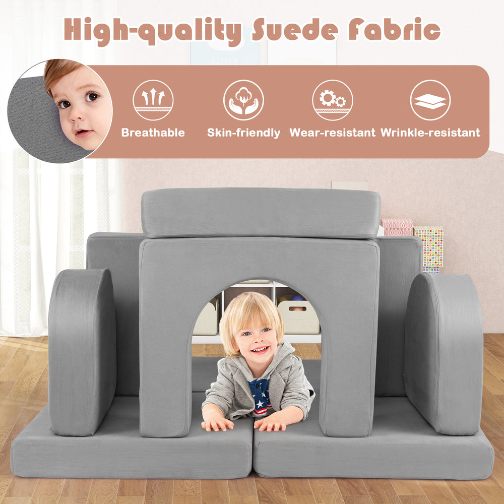 Modular kids play couch in gray with comfy suede fabric, featuring flexible configuration and removable washable covers.